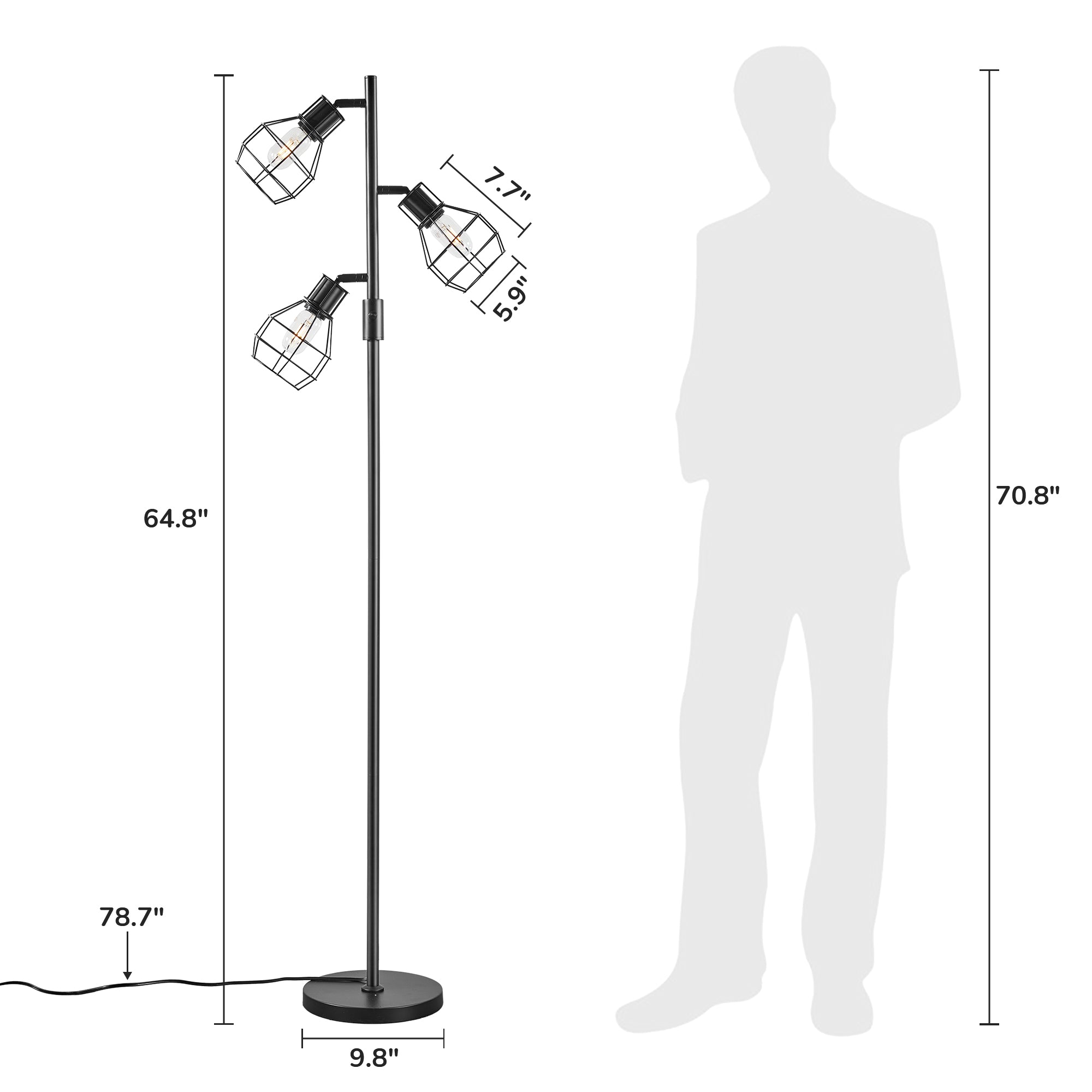 EDISHINE 64.8" Dimmable Tree Floor Lamp,3 Bulbs Included, Black-HFLDA1B