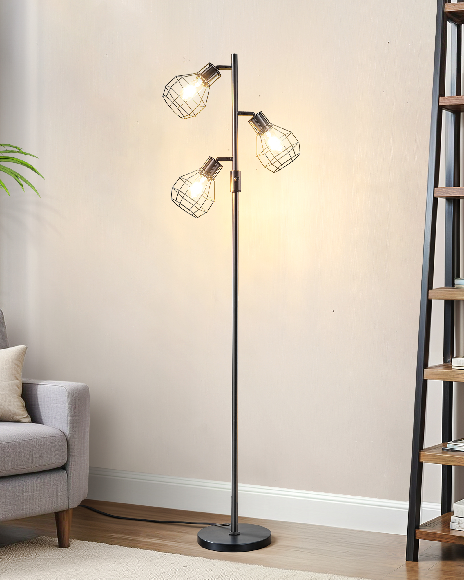 EDISHINE 64.8" Dimmable Tree Floor Lamp,3 Bulbs Included, Black-HFLDA1B