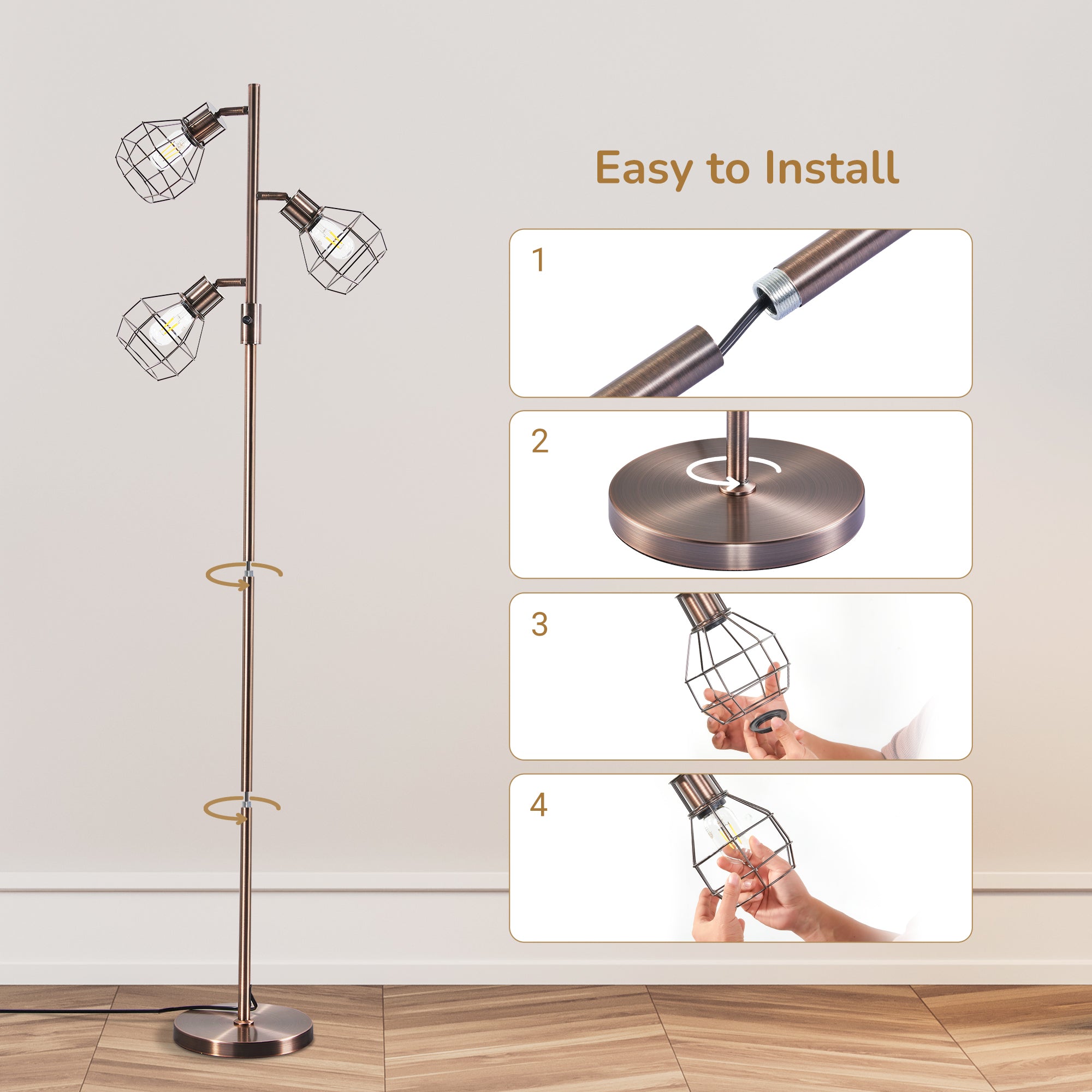 EDISHINE 64.8" Dimmable Tree Floor Lamp,3 Bulbs Included, Bronze-HFLDA1C