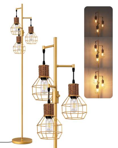 EDISHINE Dimmable Farmhouse Floor Lamp with 3 LED Edison Bulbs, Gold-HFLDC1A