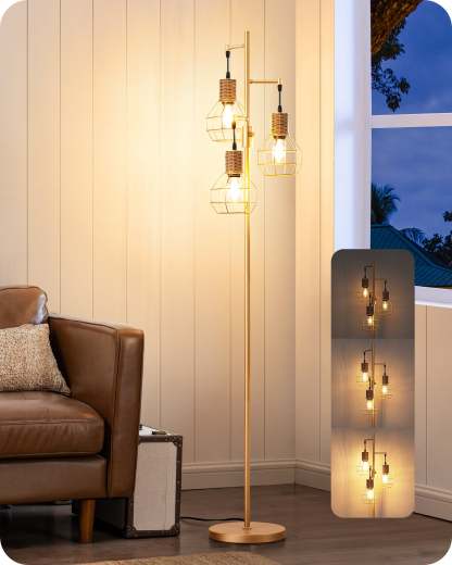 EDISHINE Dimmable Farmhouse Floor Lamp with 3 LED Edison Bulbs, Gold-HFLDC1A