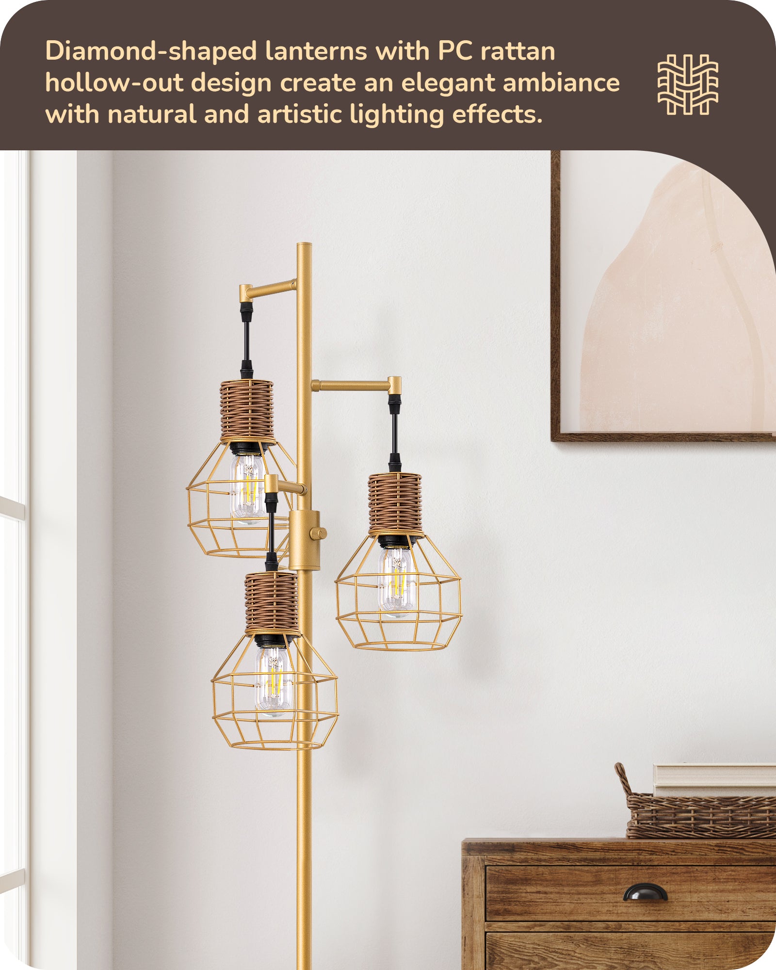 EDISHINE Dimmable Farmhouse Floor Lamp with 3 LED Edison Bulbs, Gold-HFLDC1A