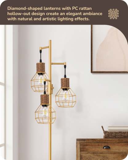 EDISHINE Dimmable Farmhouse Floor Lamp with 3 LED Edison Bulbs, Gold-HFLDC1A