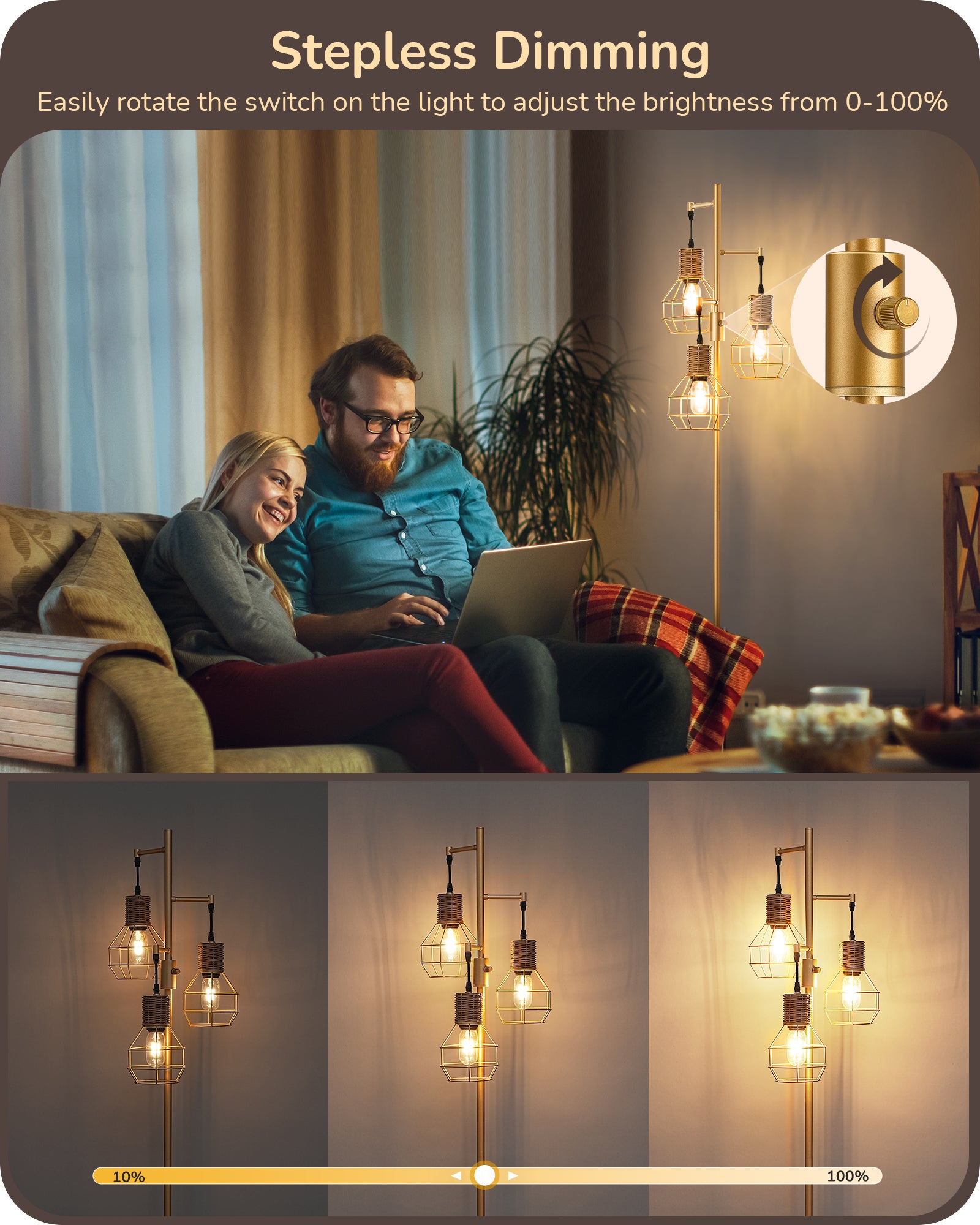 EDISHINE Dimmable Farmhouse Floor Lamp with 3 LED Edison Bulbs, Gold-HFLDC1A
