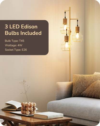 EDISHINE Dimmable Farmhouse Floor Lamp with 3 LED Edison Bulbs, Gold-HFLDC1A