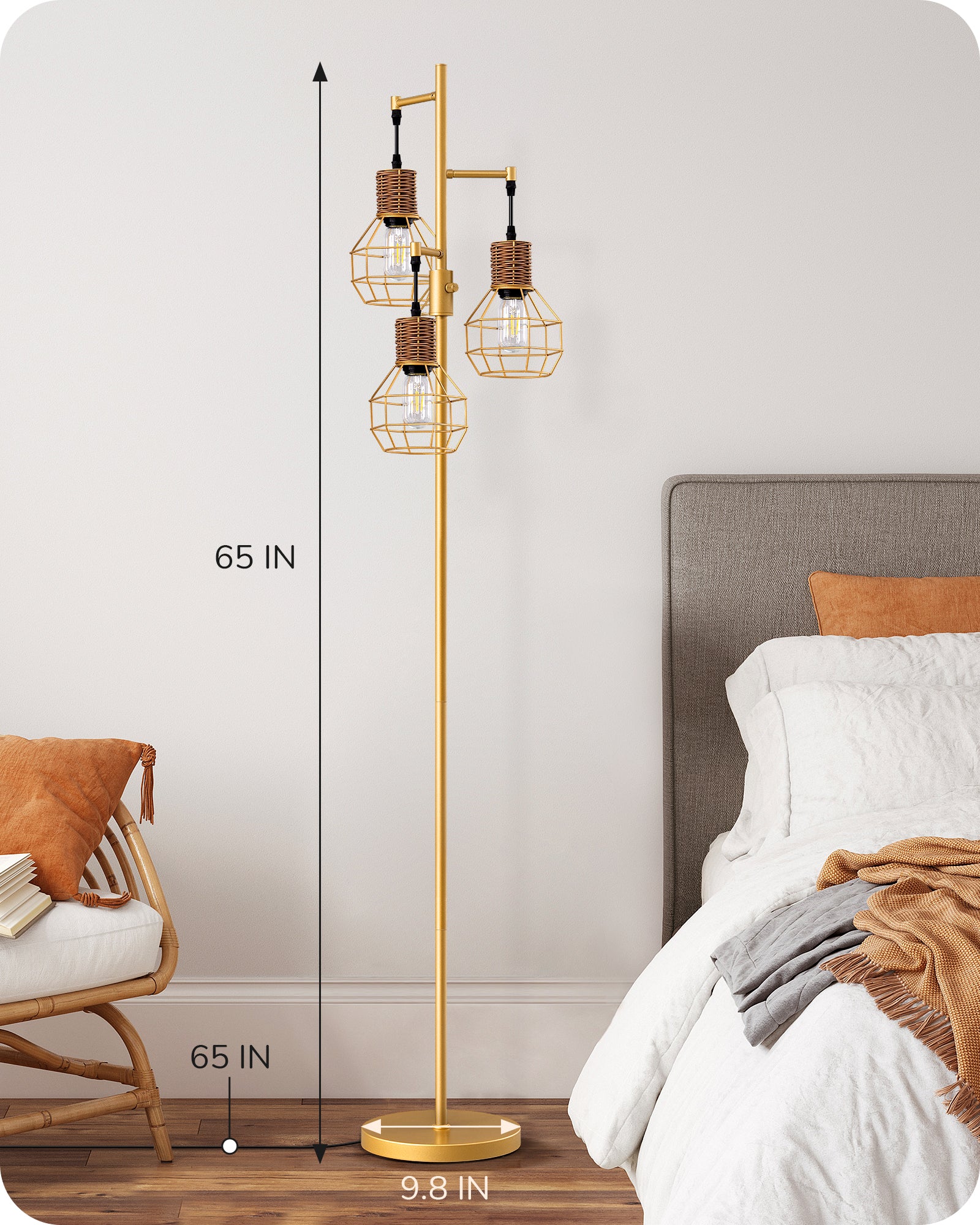 EDISHINE Dimmable Farmhouse Floor Lamp with 3 LED Edison Bulbs, Gold-HFLDC1A