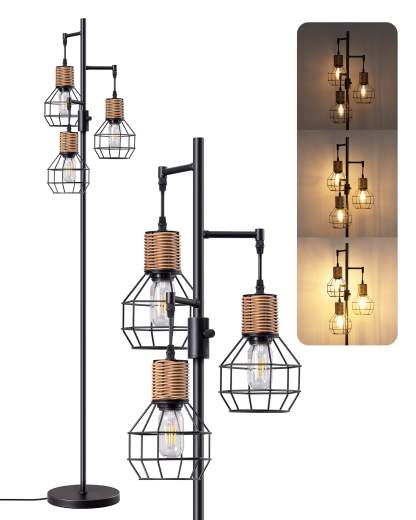 EDISHINE Dimmable Farmhouse Floor Lamp with 3 LED Edison Bulbs, Black-F1HFLDC1B