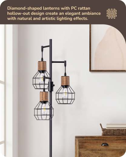 EDISHINE Dimmable Farmhouse Floor Lamp with 3 LED Edison Bulbs, Black-F1HFLDC1B