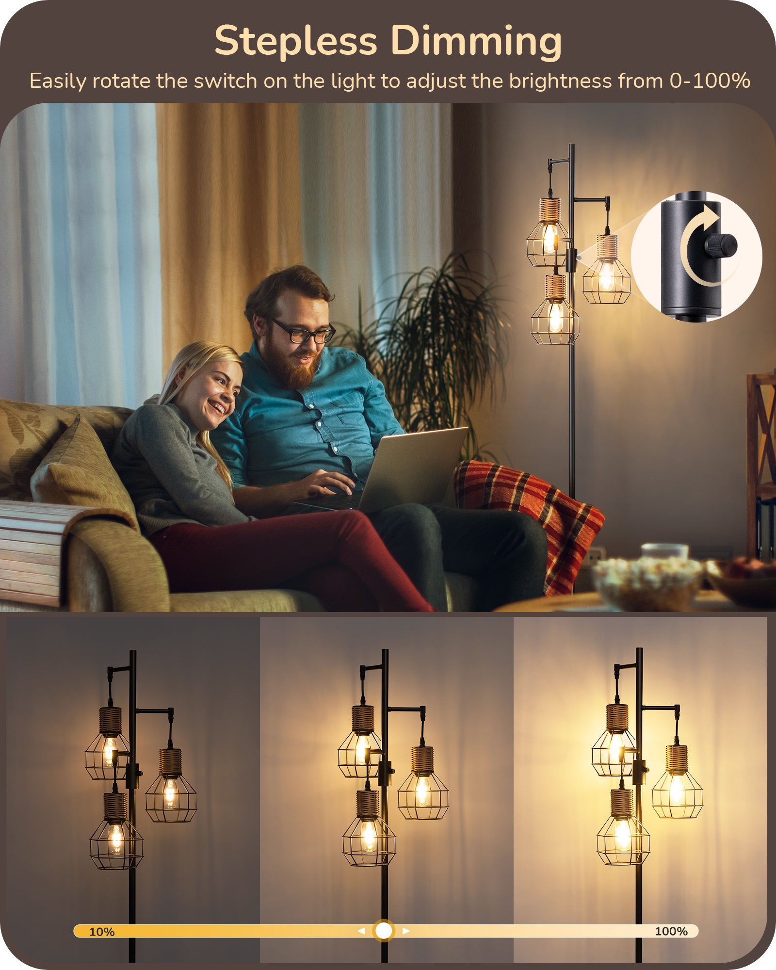 EDISHINE Dimmable Farmhouse Floor Lamp with 3 LED Edison Bulbs, Black-F1HFLDC1B