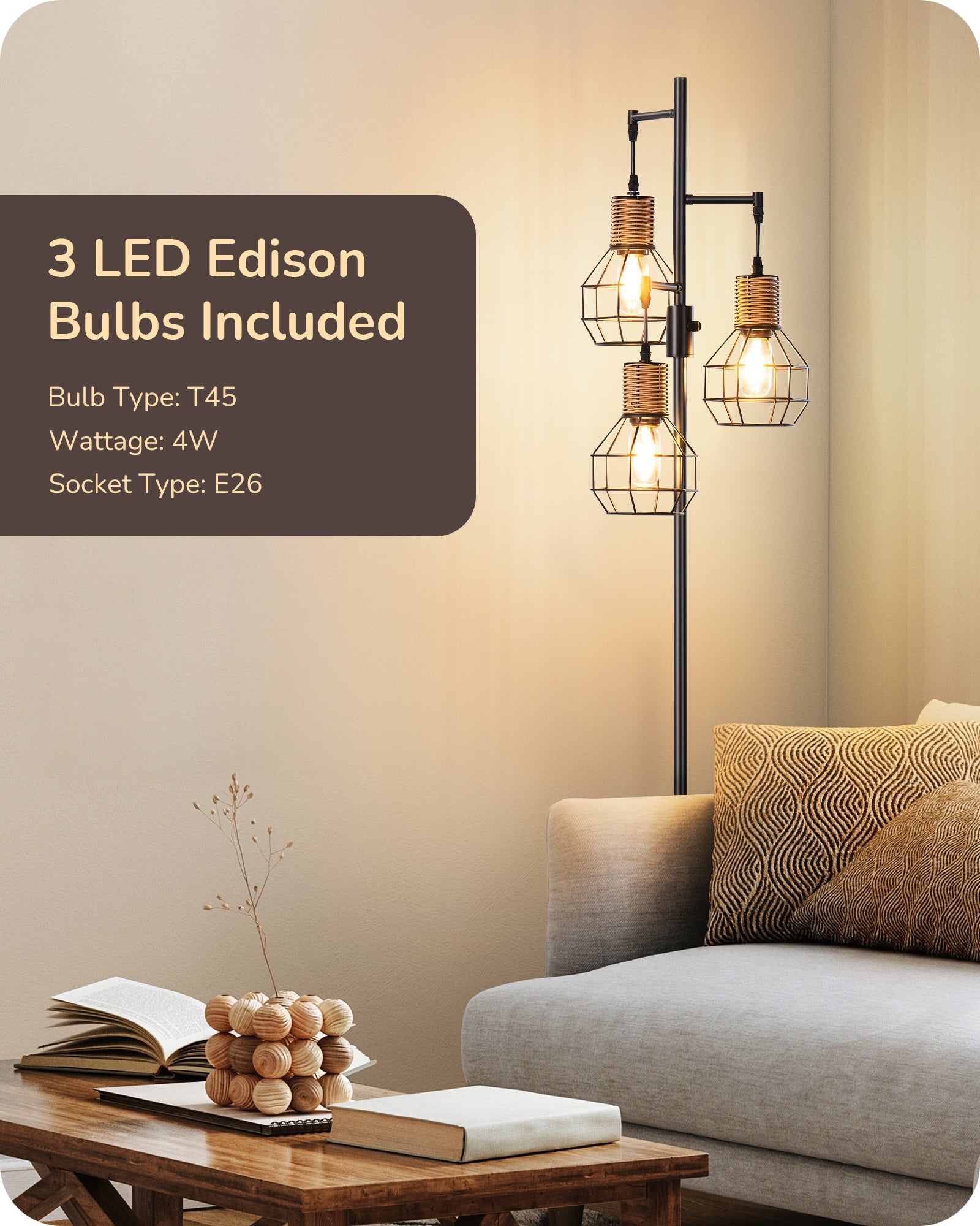 EDISHINE Dimmable Farmhouse Floor Lamp with 3 LED Edison Bulbs, Black-F1HFLDC1B