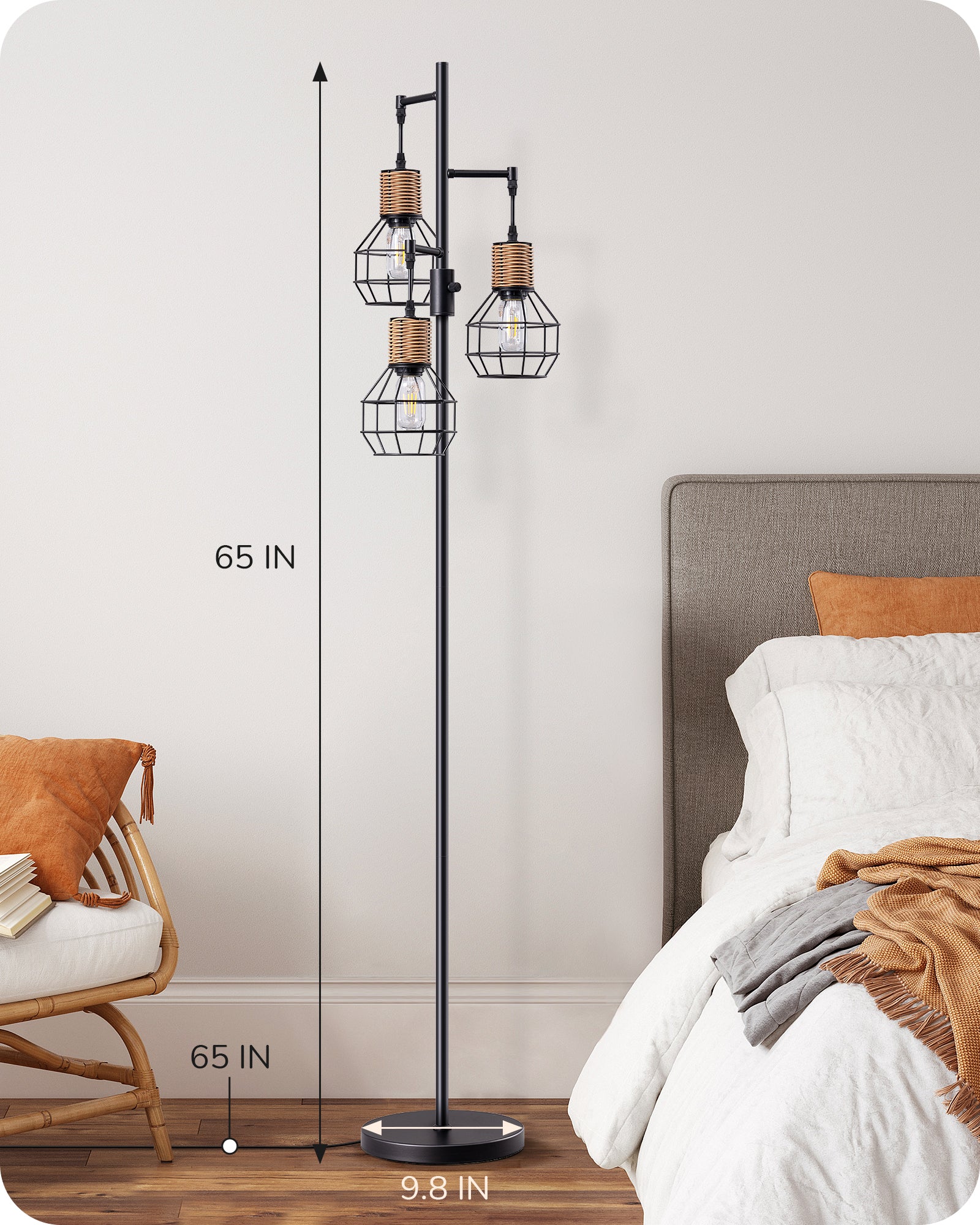 EDISHINE Dimmable Farmhouse Floor Lamp with 3 LED Edison Bulbs, Black-F1HFLDC1B