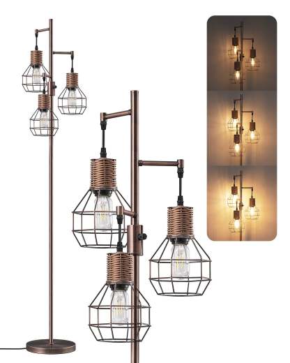 EDISHINE Dimmable Farmhouse Floor Lamp with 3 LED Edison Bulbs, Brushed Red Copper-F1HFLDC1C