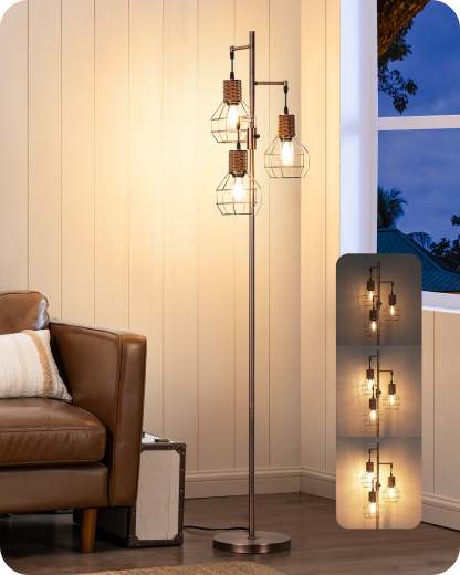 EDISHINE Dimmable Farmhouse Floor Lamp with 3 LED Edison Bulbs, Brushed Red Copper-F1HFLDC1C
