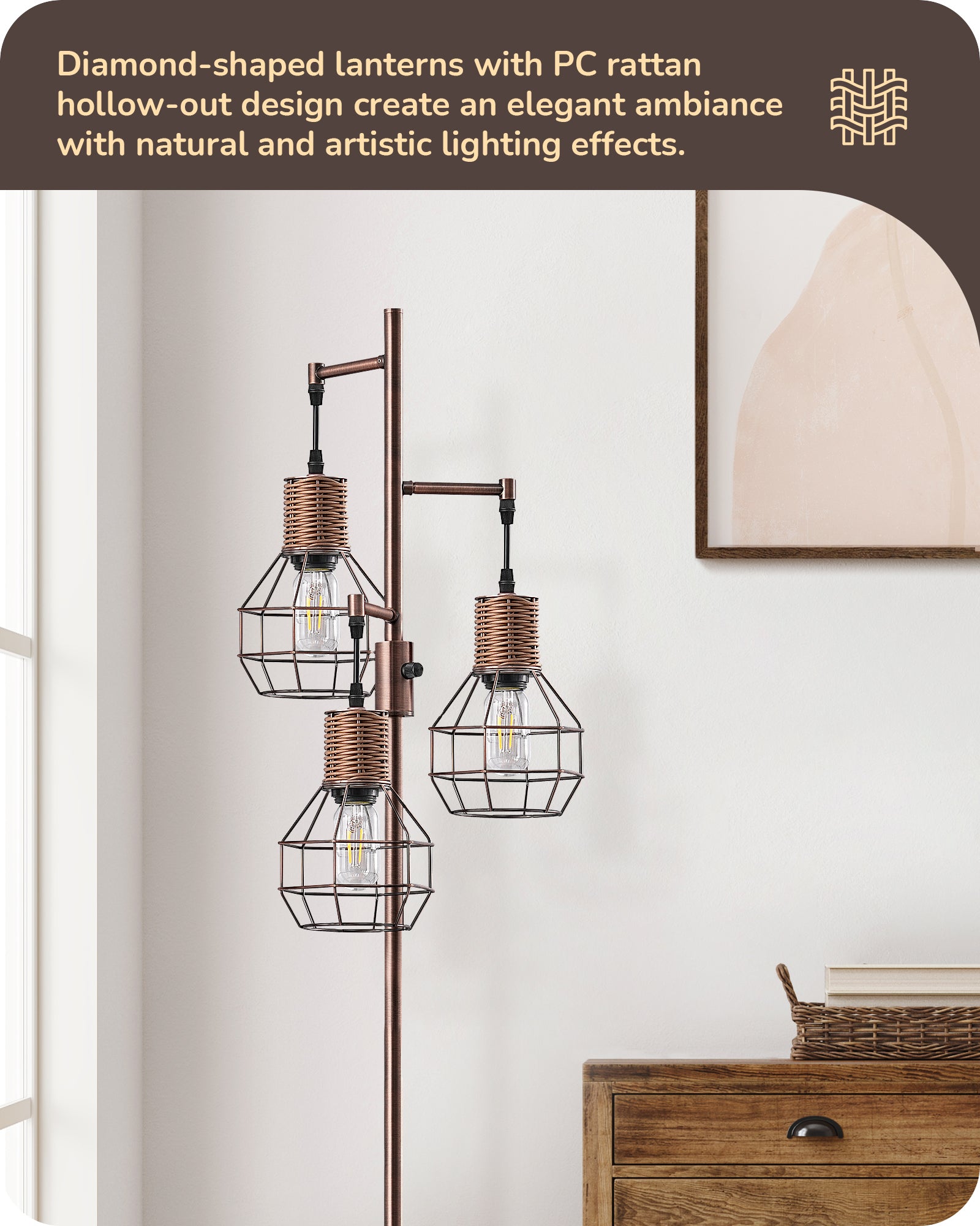 EDISHINE Dimmable Farmhouse Floor Lamp with 3 LED Edison Bulbs, Brushed Red Copper-F1HFLDC1C