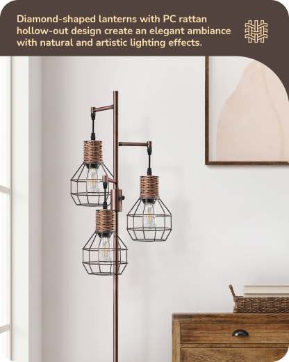 EDISHINE Dimmable Farmhouse Floor Lamp with 3 LED Edison Bulbs, Brushed Red Copper-F1HFLDC1C
