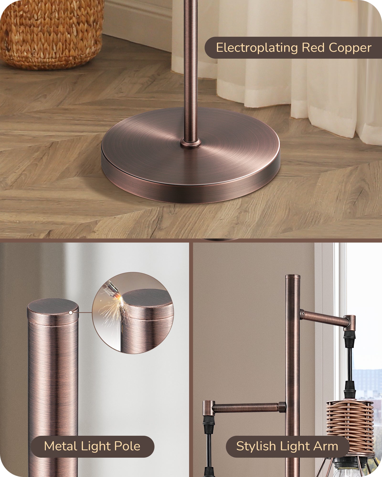 EDISHINE Dimmable Farmhouse Floor Lamp with 3 LED Edison Bulbs, Brushed Red Copper-F1HFLDC1C
