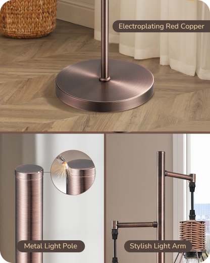 EDISHINE Dimmable Farmhouse Floor Lamp with 3 LED Edison Bulbs, Brushed Red Copper-F1HFLDC1C