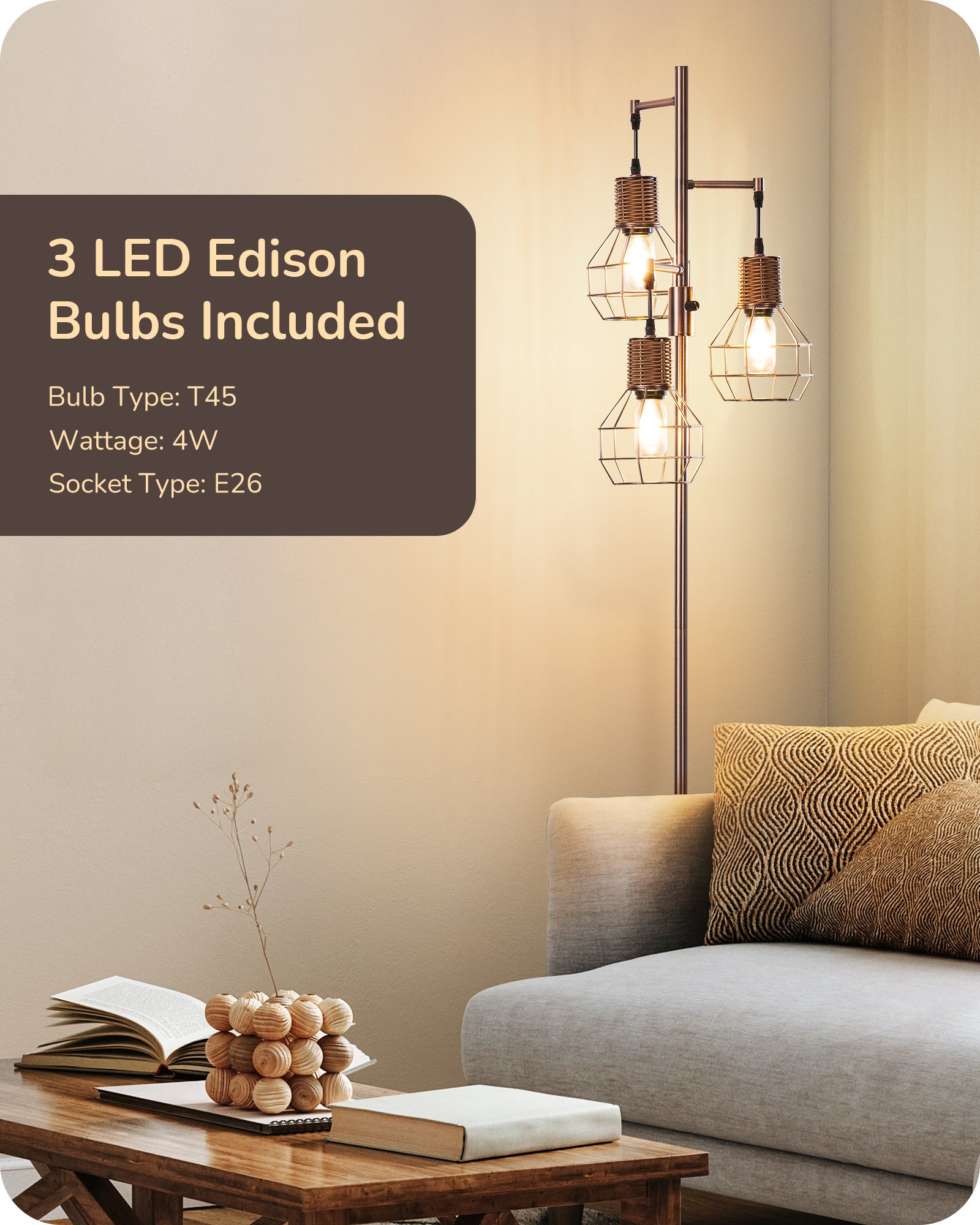 EDISHINE Dimmable Farmhouse Floor Lamp with 3 LED Edison Bulbs, Brushed Red Copper-F1HFLDC1C