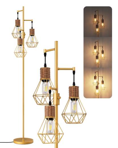 EDISHINE Dimmable Industrial Floor Lamp with 3 LED Edison Bulbs, Gold-HFLDC2A-B2B