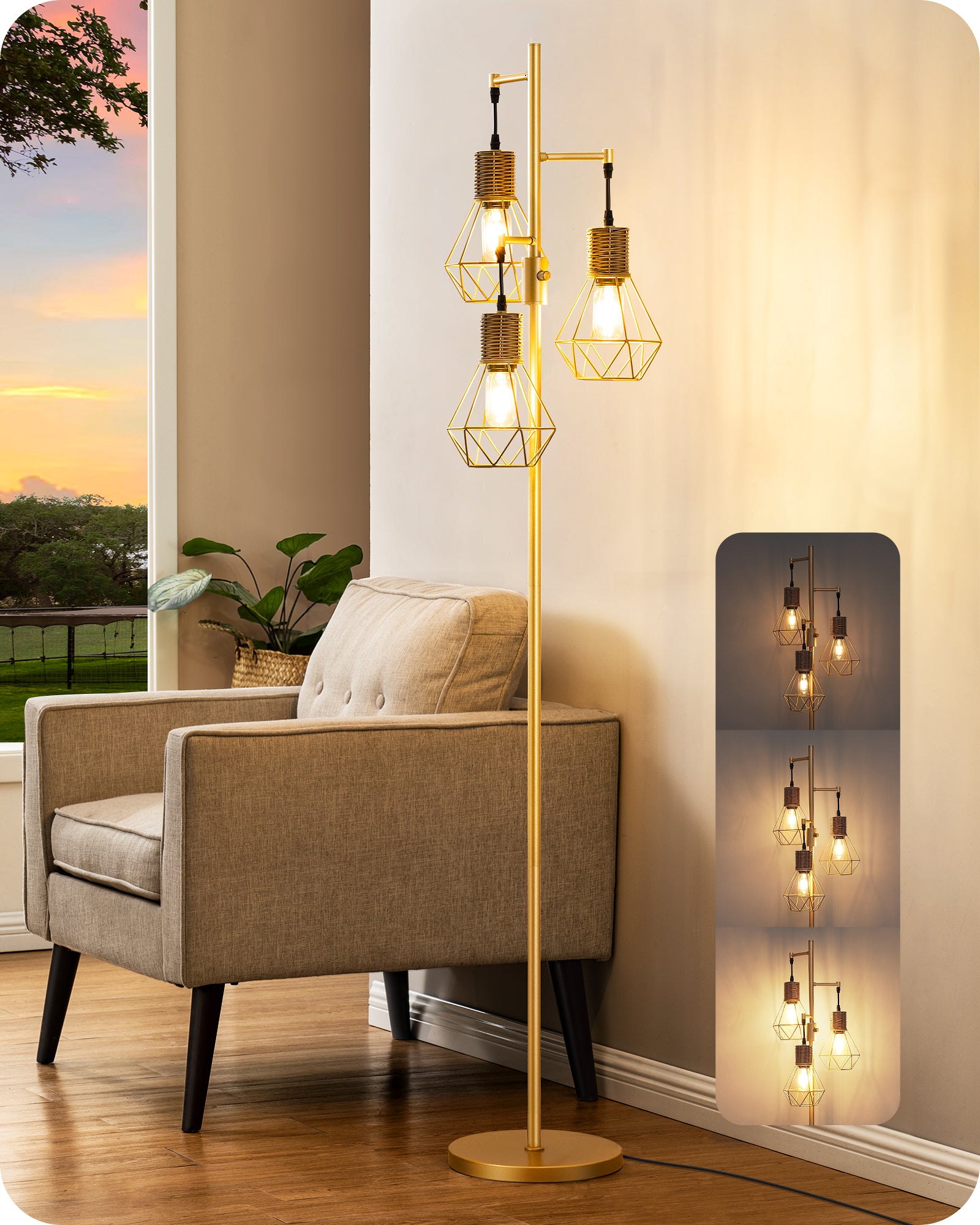 EDISHINE Dimmable Industrial Floor Lamp with 3 LED Edison Bulbs, Gold-HFLDC2A-B2B
