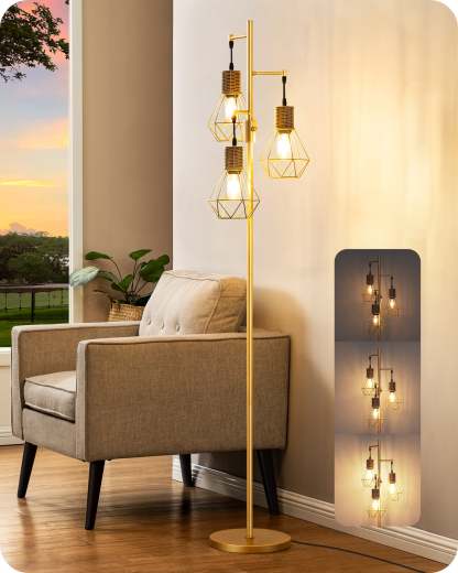 EDISHINE Dimmable Industrial Floor Lamp with 3 LED Edison Bulbs, Gold-HFLDC2A-B2B