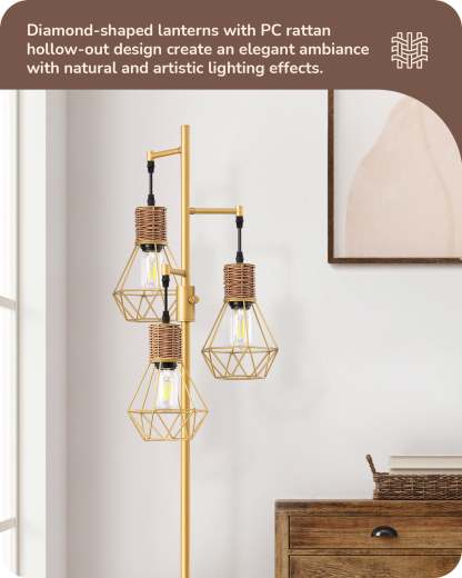 EDISHINE Dimmable Industrial Floor Lamp with 3 LED Edison Bulbs, Gold-HFLDC2A-B2B