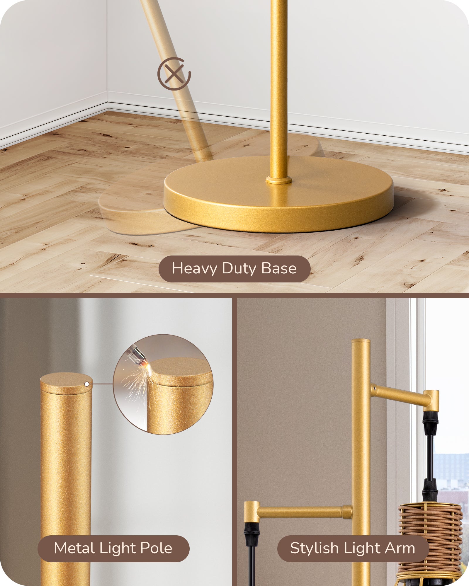 EDISHINE Dimmable Industrial Floor Lamp with 3 LED Edison Bulbs, Gold-HFLDC2A-B2B