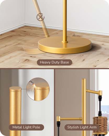 EDISHINE Dimmable Industrial Floor Lamp with 3 LED Edison Bulbs, Gold-HFLDC2A-B2B