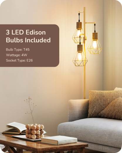 EDISHINE Dimmable Industrial Floor Lamp with 3 LED Edison Bulbs, Gold-HFLDC2A-B2B
