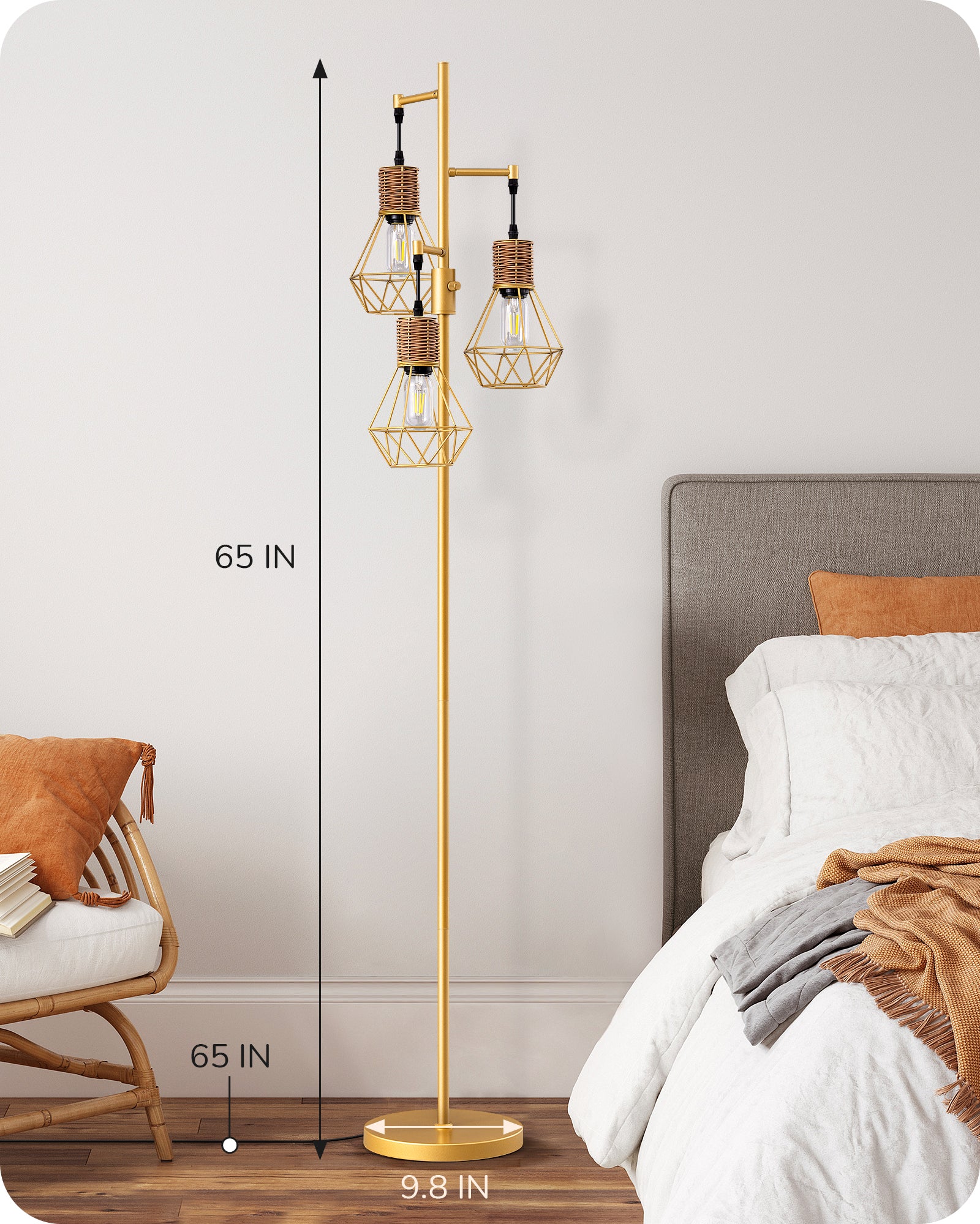 EDISHINE Dimmable Industrial Floor Lamp with 3 LED Edison Bulbs, Gold-HFLDC2A-B2B