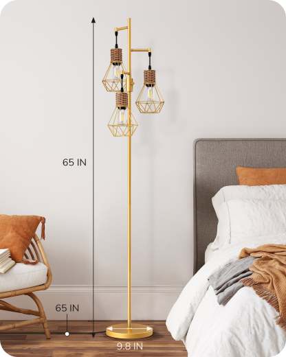 EDISHINE Dimmable Industrial Floor Lamp with 3 LED Edison Bulbs, Gold-HFLDC2A-B2B
