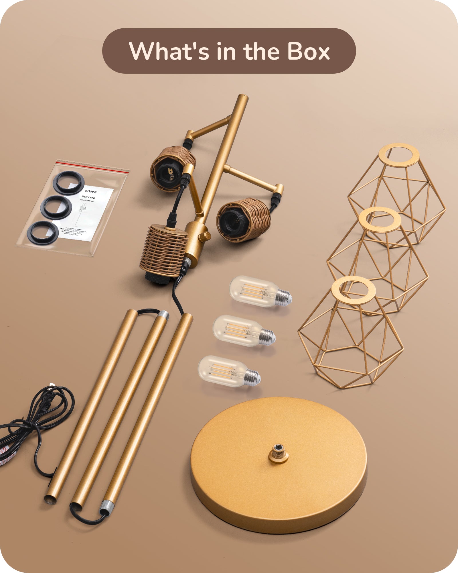 EDISHINE Dimmable Industrial Floor Lamp with 3 LED Edison Bulbs, Gold-HFLDC2A-B2B