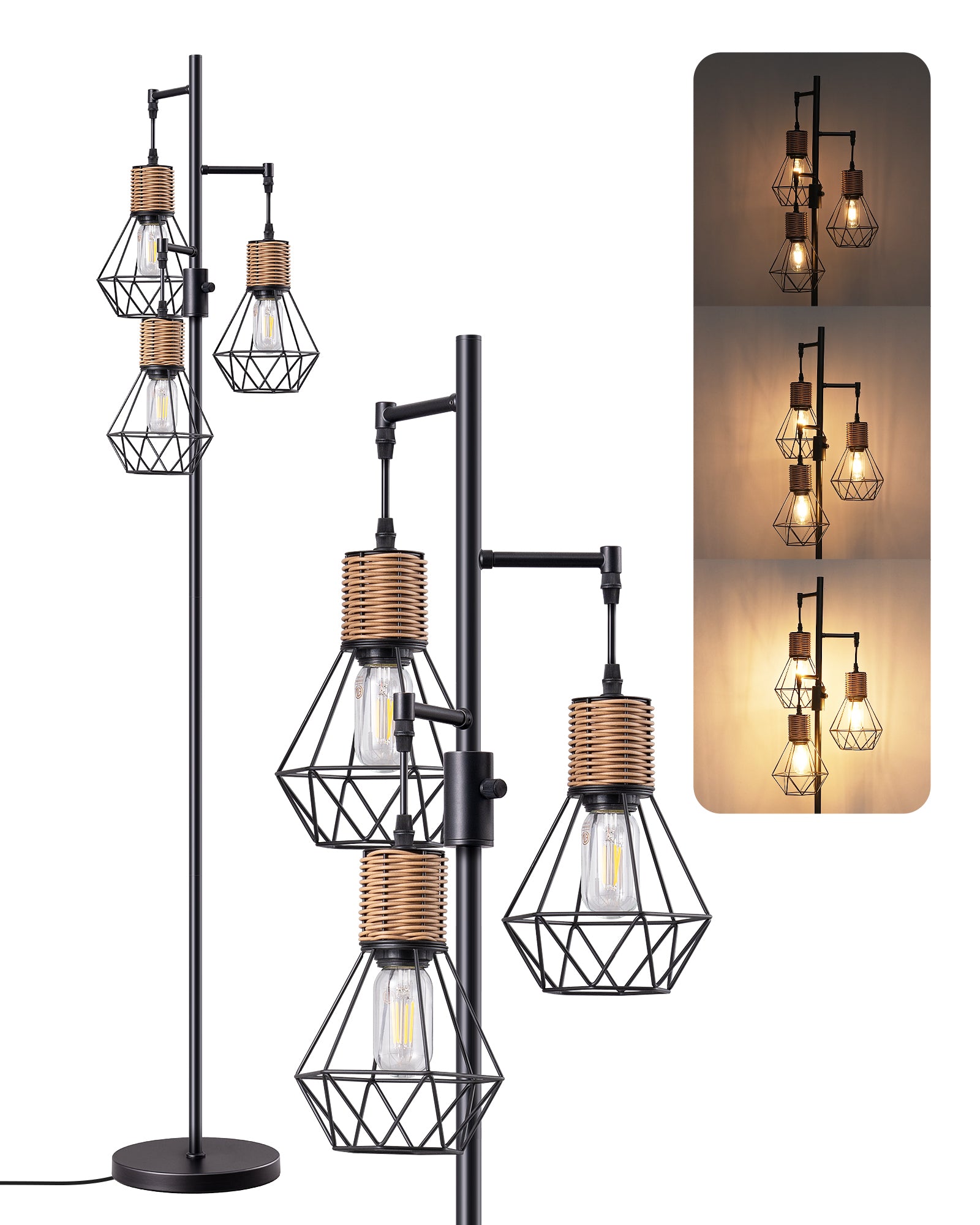 EDISHINE Dimmable Industrial Floor Lamp with 3 LED Edison Bulbs, Black-HFLDC2B