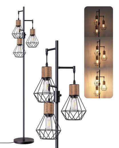 EDISHINE Dimmable Industrial Floor Lamp with 3 LED Edison Bulbs, Black-HFLDC2B