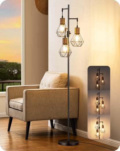 EDISHINE Dimmable Industrial Floor Lamp with 3 LED Edison Bulbs, Black-HFLDC2B