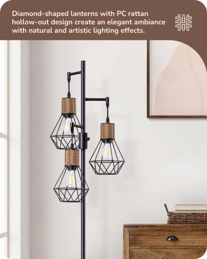 EDISHINE Dimmable Industrial Floor Lamp with 3 LED Edison Bulbs, Black-HFLDC2B