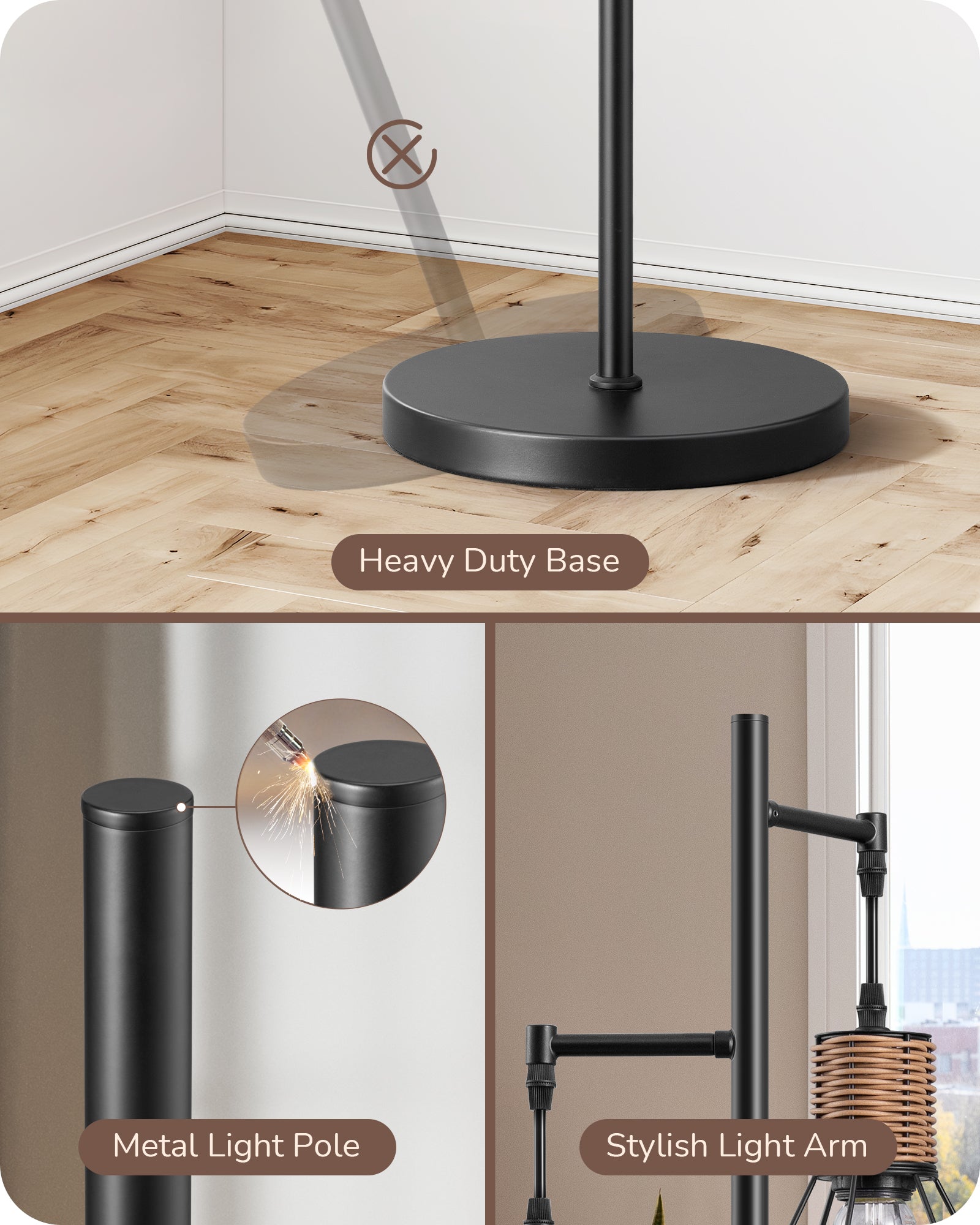 EDISHINE Dimmable Industrial Floor Lamp with 3 LED Edison Bulbs, Black-HFLDC2B