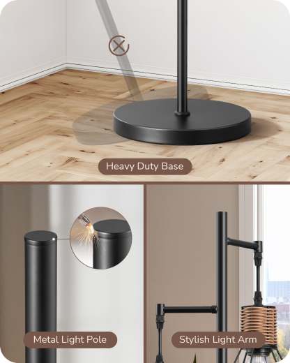 EDISHINE Dimmable Industrial Floor Lamp with 3 LED Edison Bulbs, Black-HFLDC2B