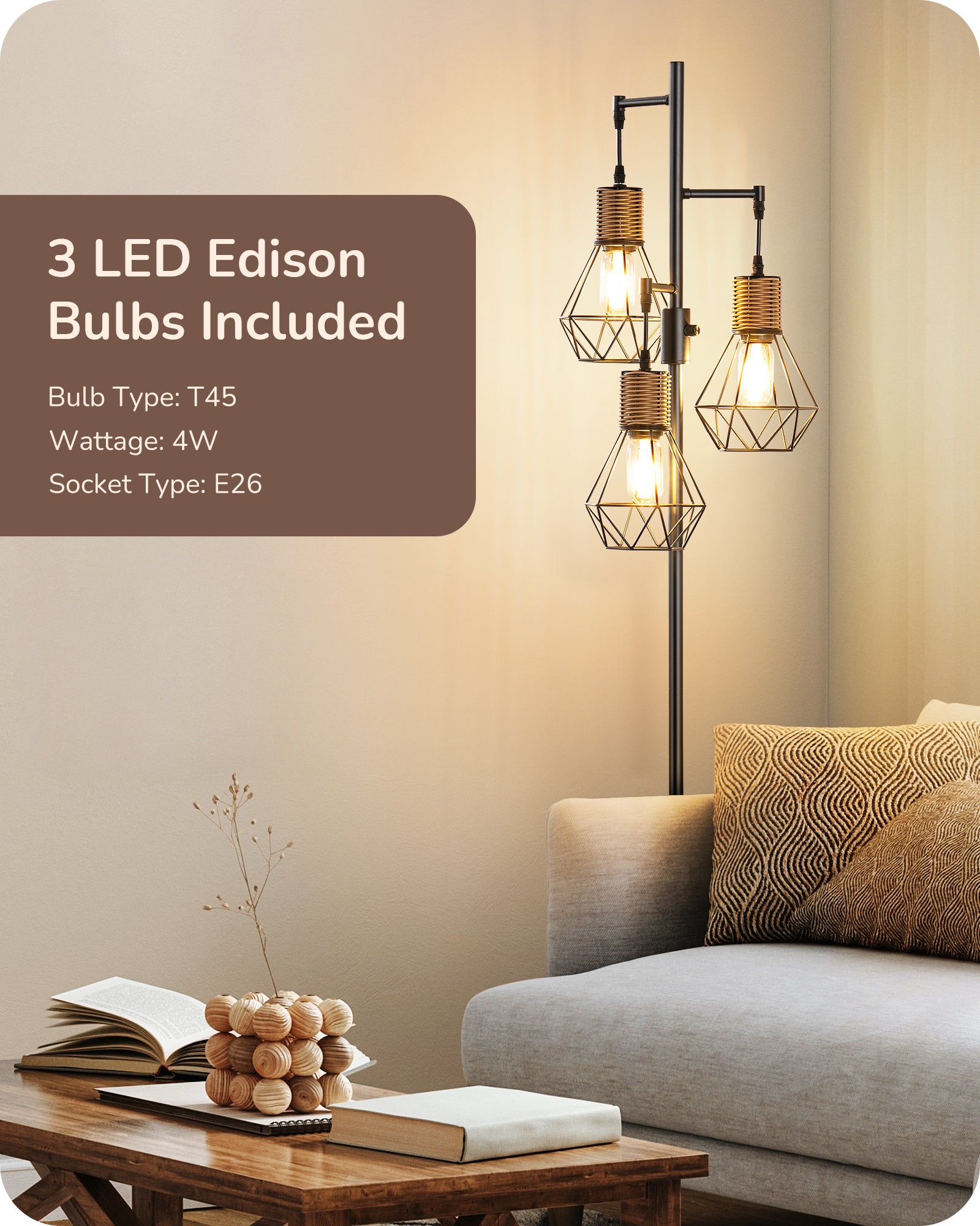 EDISHINE Dimmable Industrial Floor Lamp with 3 LED Edison Bulbs, Black-HFLDC2B