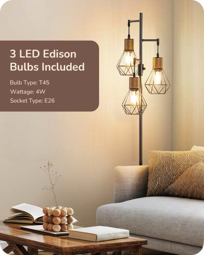 EDISHINE Dimmable Industrial Floor Lamp with 3 LED Edison Bulbs, Black-HFLDC2B