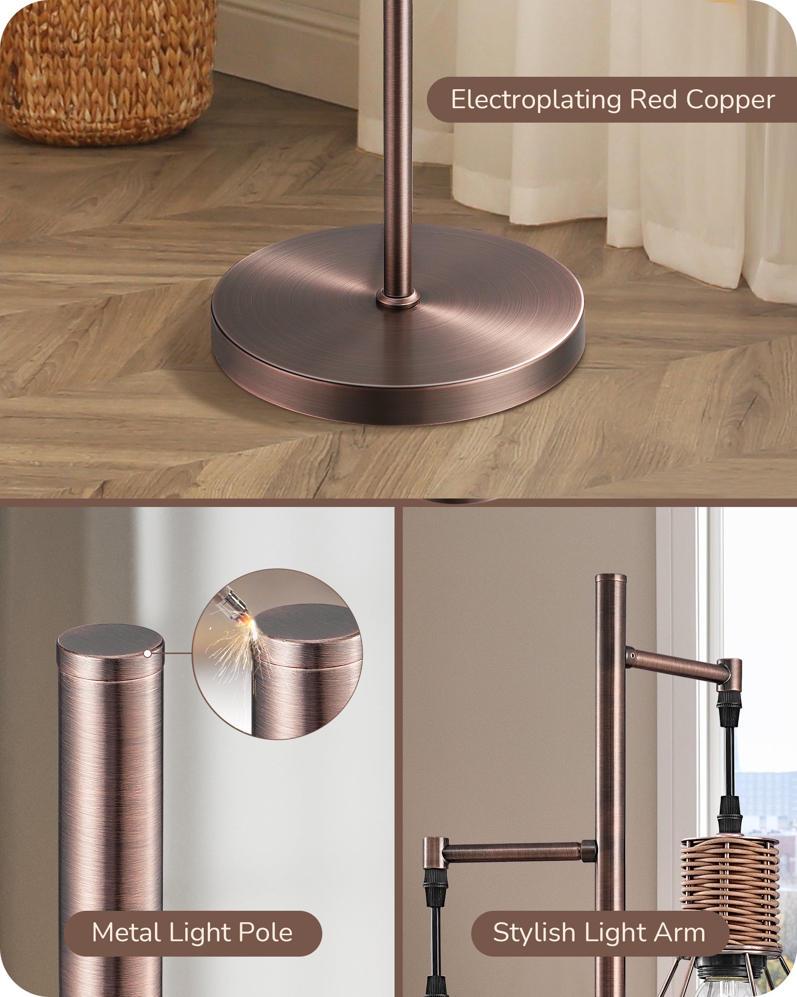 EDISHINE Dimmable Floor Lamp, Electroplated Brushed Red Copper-HFLDC2C-B2B