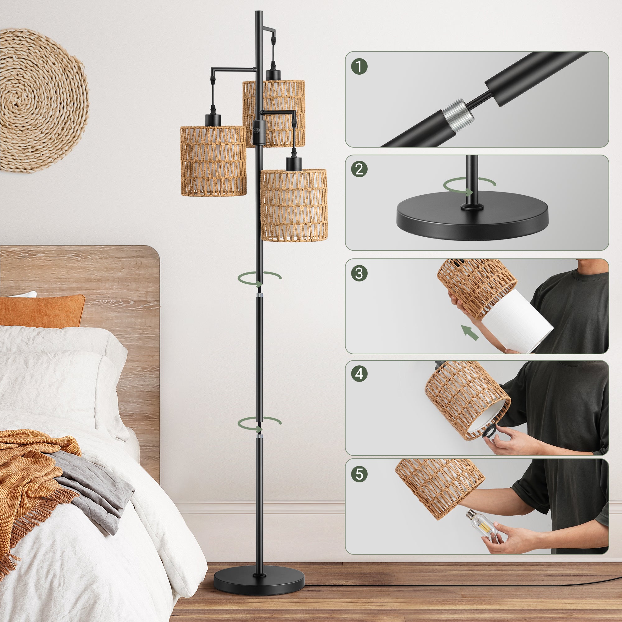 EDISHINE Rattan Tree Floor Lamp with Dimmer Switch,Bulbs Included,Black-HFLDD1B
