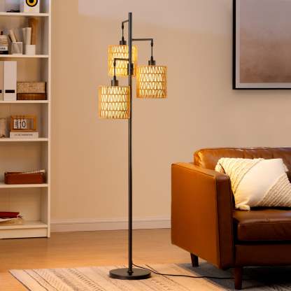 EDISHINE Rattan Tree Floor Lamp with Dimmer Switch,Bulbs Included,Black-HFLDD1B