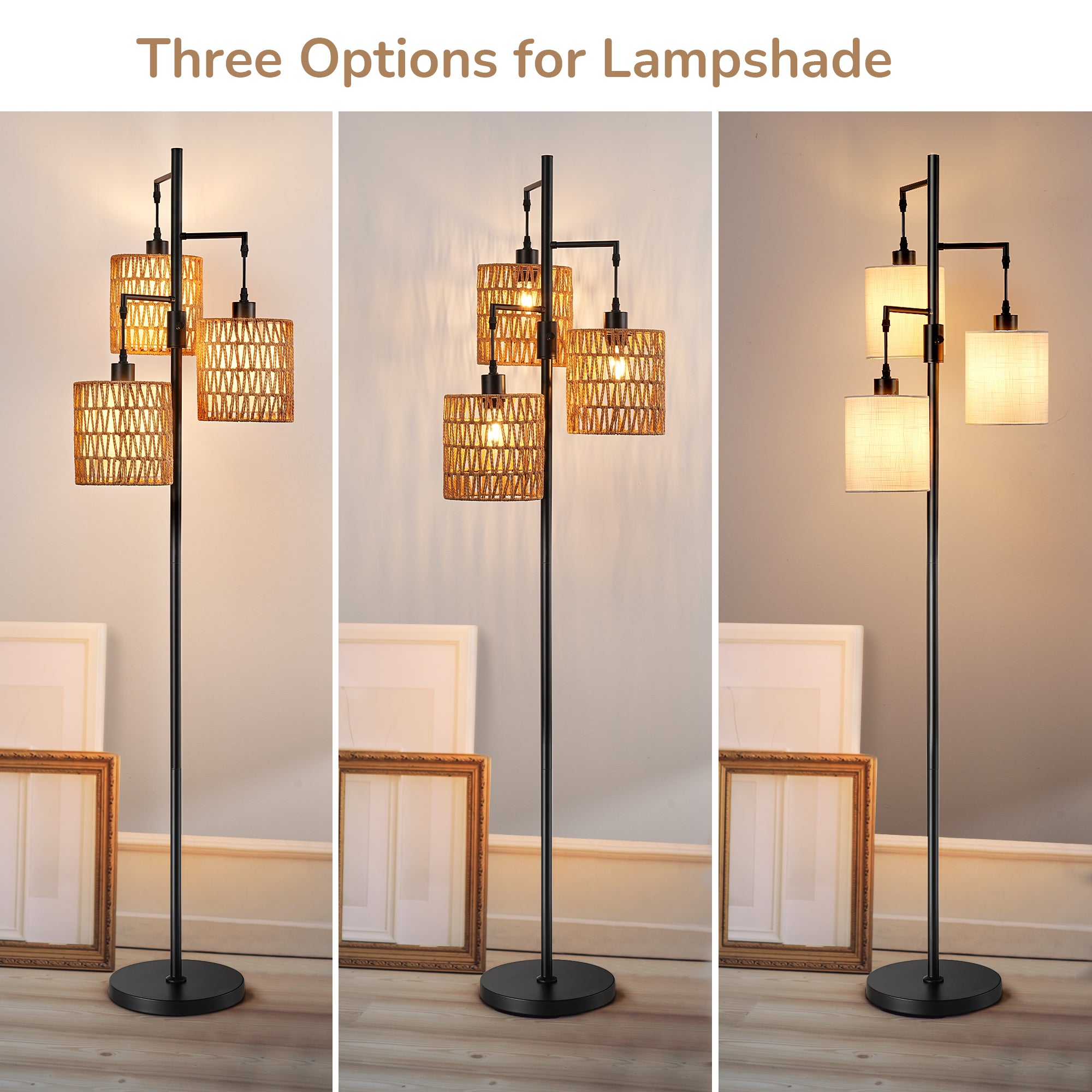 EDISHINE Rattan Tree Floor Lamp with Dimmer Switch,Bulbs Included,Black-HFLDD1B
