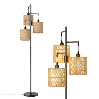 EDISHINE Rattan Tree Floor Lamp with Dimmer Switch,Bulbs Included,Black-HFLDD1B