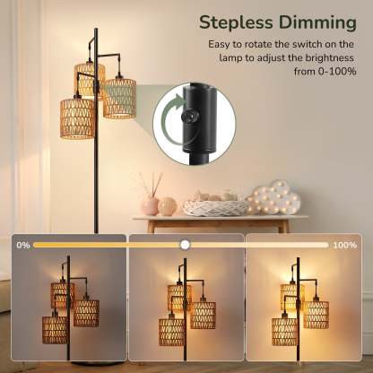 EDISHINE Rattan Tree Floor Lamp with Dimmer Switch,Bulbs Included,Black-HFLDD1B
