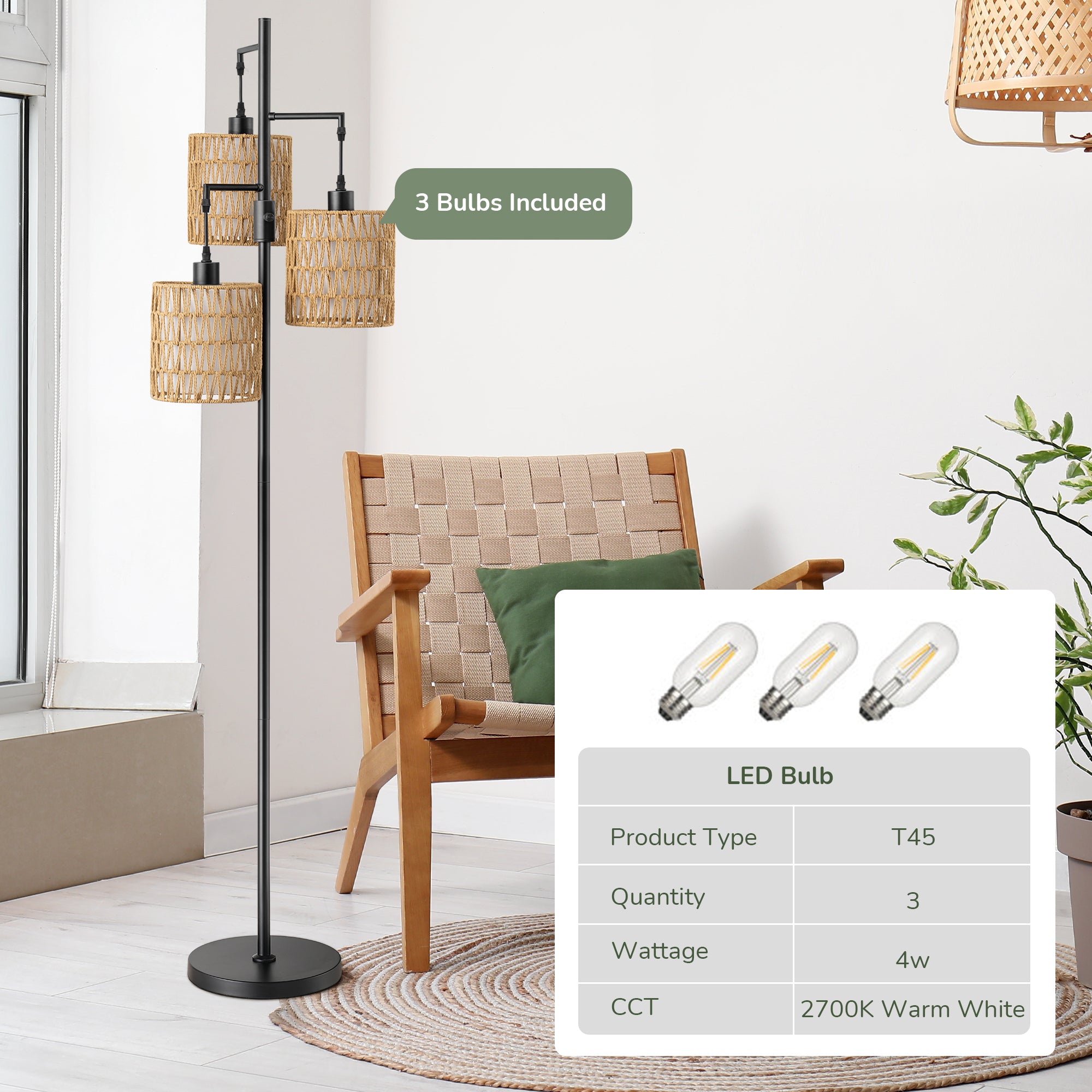 EDISHINE Rattan Tree Floor Lamp with Dimmer Switch,Bulbs Included,Black-HFLDD1B