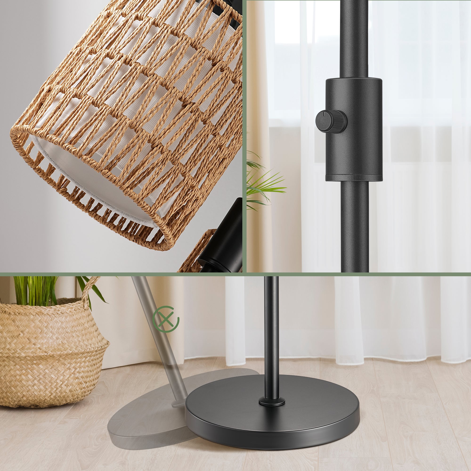 EDISHINE Rattan Tree Floor Lamp with Dimmer Switch,Bulbs Included,Black-HFLDD1B