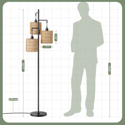 EDISHINE Rattan Tree Floor Lamp with Dimmer Switch,Bulbs Included,Black-HFLDD1B