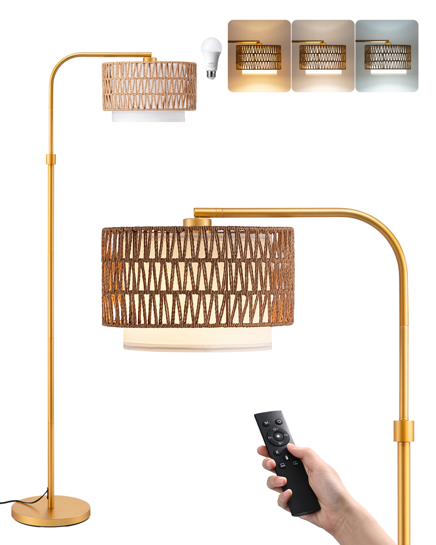 EDISHINE Farmhouse Arc Floor Lamp with Remote Dimmable LED Bulb, Gold-HFLEA1A